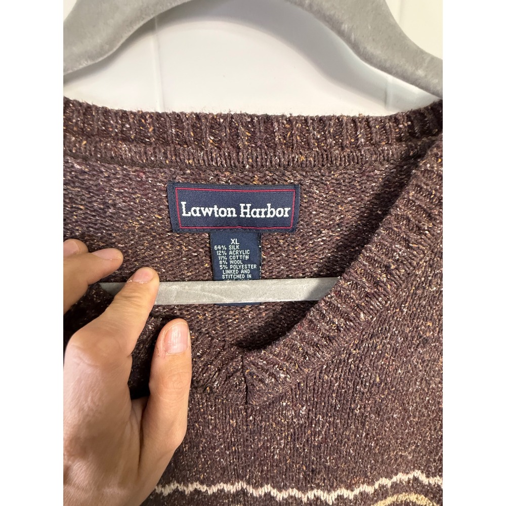 Lawton Harbor Mens XL Brown Silk Blend Fair Isle Snowflake V-Neck Sweater - Picture 3 of 6